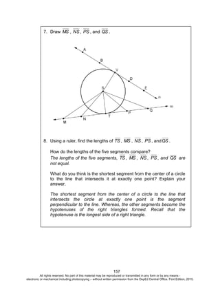 D
EPED
C
O
PY
157
7. Draw MS , NS , PS , and QS .
8. Using a ruler, find the lengths of TS , MS , NS , PS , andQS .
How do the lengths of the five segments compare?
The lengths of the five segments, TS , MS , NS , PS , and QS are
not equal.
What do you think is the shortest segment from the center of a circle
to the line that intersects it at exactly one point? Explain your
answer.
The shortest segment from the center of a circle to the line that
intersects the circle at exactly one point is the segment
perpendicular to the line. Whereas, the other segments become the
hypotenuses of the right triangles formed. Recall that the
hypotenuse is the longest side of a right triangle.
All rights reserved. No part of this material may be reproduced or transmitted in any form or by any means -
electronic or mechanical including photocopying – without written permission from the DepEd Central Office. First Edition, 2015.
 