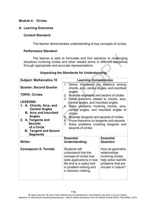 D
EPED
C
O
PY
116
Module 4: Circles
A. Learning Outcomes
Content Standard:
The learner demonstrates understanding of key c...