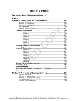 D
E
P
E
D
C
O
P
Y
Unit 3
Module 6: Permutations and Combinations......................................... 242
Learning Outcomes ............................................................................................242
Planning for Assessment....................................................................................243
Planning for Teaching-Learning .........................................................................246
Pre-Assessment .................................................................................................248
Learning Goals and Targets...............................................................................248
Lesson 1: Permutations ........................................................................................248
Activity 1..................................................................................................249
Activity 2..................................................................................................250
Activity 3..................................................................................................252
Activity 4..................................................................................................253
Activity 5..................................................................................................255
Activity 6..................................................................................................256
Activity 7..................................................................................................256
Activity 8..................................................................................................257
Activity 9..................................................................................................258
Summary/Synthesis/Generalization...................................................................259
Lesson 2: Combination..........................................................................................259
Activity 1..................................................................................................259
Activity 2..................................................................................................260
Activity 3..................................................................................................261
Activity 4..................................................................................................265
Activity 5..................................................................................................265
Activity 6..................................................................................................265
Activity 7..................................................................................................267
Table of Contents
Curriculum Guide: Mathematics Grade 10
Activity 8..................................................................................................268
Activity 9..................................................................................................269
Summary/Synthesis/Generalization...................................................................270
Summative Test.......................................................................................................271
Glossary of Terms...................................................................................................277
References and Website Links Used in This Module ....................................278
Module 7: Probability of Compound Events.........................................279
Learning Outcomes ............................................................................................279
Planning for Assessment....................................................................................280
Planning for Teaching and Learning ..................................................................285
Pre-Assessment .................................................................................................286
Learning Goals and Targets...............................................................................288
All rights reserved. No part of this material may be reproduced or transmitted in any form or by any means -
electronic or mechanical including photocopying – without written permission from the DepEd Central Office. First Edition, 2015.
 