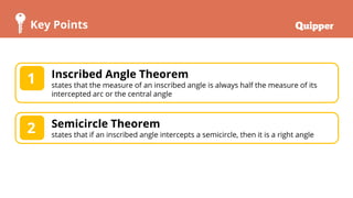 Key Points
Inscribed Angle Theorem
states that the measure of an inscribed angle is always half the measure of its
intercepted arc or the central angle
1
Semicircle Theorem
states that if an inscribed angle intercepts a semicircle, then it is a right angle
2
 