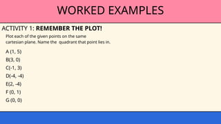 WORKED EXAMPLES
ACTIVITY 1: REMEMBER THE PLOT!
Plot each of the given points on the same
cartesian plane. Name the quadrant that point lies in.
A (1, 5)
B(3, 0)
C(-1, 3)
D(-4, -4)
E(2, -4)
F (0, 1)
G (0, 0)
 
