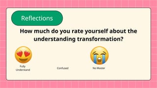 Reflections
How much do you rate yourself about the
understanding transformation?
Fully
Understand
Confused No Master
 