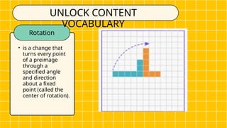 • is a change that
turns every point
of a preimage
through a
specified angle
and direction
about a fixed
point (called the
center of rotation).
Rotation
UNLOCK CONTENT
VOCABULARY
 