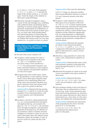 y = 0, and y = x. For each of the equations               Sample problem: How does the relationship
                                                                                                                         →   →   →
                                                               z = 5, y – z = 3, and x + z = 1, describe the             a • (b x c) = 0 help you determine whether
                                                               shape of the solution points (x, y, z) in three-          three non-parallel planes intersect in a point, if
Grade 12, University Preparation




                                                                                                                         → →         →
                                                               space. Verify the shapes of the solutions in              a, b, and c represent normals to the three
                                                               three-space using technology.                             planes?
                                                           3.3 determine, through investigation using a              4.4 recognize a scalar equation for a plane in
                                                               variety of tools and strategies (e.g., modelling          three-space to be an equation of the form
                                                               with cardboard sheets and drinking straws;                Ax + By + Cz + D = 0 whose solution points
                                                               sketching on isometric graph paper), different            make up the plane, determine the intersection
                                                               geometric configurations of combinations of               of three planes represented using scalar
                                                               up to three lines and/or planes in three-space            equations by solving a system of three linear
                                                               (e.g., two skew lines, three parallel planes,             equations in three unknowns algebraically
                                                               two intersecting planes, an intersecting line             (e.g., by using elimination or substitution),
                                                               and plane); organize the configurations based             and make connections between the algebraic
                                                               on whether they intersect and, if so, how they            solution and the geometric configuration of
                                                               intersect (i.e., in a point, in a line, in a plane)       the three planes
                                                                                                                         Sample problem: Determine the equation
                                                                                                                         of a plane P3 that intersects the planes
                                                            4. Describing Lines and Planes Using                         P1 , x + y + z = 1, and P2 , x – y + z = 0, in
                                                               Scalar, Vector, and Parametric                            a single point. Determine the equation of a
                                                               Equations                                                 plane P4 that intersects P1 and P2 in more
                                                                                                                         than one point.
                                                           By the end of this course, students will:
                                                                                                                     4.5 determine, using properties of a plane, the
                                                           4.1 recognize a scalar equation for a line in                 scalar, vector, and parametric equations of
                                                               two-space to be an equation of the form                   a plane
                                                               Ax + By + C = 0, represent a line in
                                                                                                                         Sample problem: Determine the scalar, vector,
                                                               two-space using a vector equation (i.e.,
                                                               →   →      →                                              and parametric equations of the plane that
                                                               r = r0 + tm) and parametric equations, and                passes through the points (3, 2, 5), (0, – 2, 2),
                                                               make connections between a scalar equation,               and (1, 3, 1).
                                                               a vector equation, and parametric equations
                                                               of a line in two-space                                4.6 determine the equation of a plane in its scalar,
                                                                                                                         vector, or parametric form, given another of
                                                           4.2 recognize that a line in three-space cannot               these forms
                                                               be represented by a scalar equation, and rep-
                                                               resent a line in three-space using the scalar             Sample problem: Represent the plane
                                                                                                                         →
                                                               equations of two intersecting planes and                  r = (2, 1, 0) + s(1, – 1, 3) + t(2, 0, – 5), where
                                                               using vector and parametric equations (e.g.,              s and t are real numbers, with a scalar
                                                               given a direction vector and a point on the               equation.
  THE ONTARIO CURRICULUM, GRADES 11 AND 12 | Mathematics




                                                               line, or given two points on the line)
                                                                                                                     4.7 solve problems relating to lines and planes in
                                                               Sample problem: Represent the line passing                three-space that are represented in a variety
                                                               through (3, 2, – 1) and (0, 2, 1) with the scalar         of ways (e.g., scalar, vector, parametric equa-
                                                               equations of two intersecting planes, with                tions) and involving distances (e.g., between a
                                                               a vector equation, and with parametric                    point and a plane; between two skew lines) or
                                                               equations.                                                intersections (e.g., of two lines, of a line and a
                                                                                                                         plane), and interpret the result geometrically
                                                           4.3 recognize a normal to a plane geometrically
                                                               (i.e., as a vector perpendicular to the plane)            Sample problem: Determine the intersection
                                                               and algebraically [e.g., one normal to the                of the perpendicular line drawn from the
                                                               plane 3x + 5y – 2z = 6 is (3, 5, – 2)], and deter-        point A(– 5, 3, 7) to the plane
                                                                                                                         →
                                                               mine, through investigation, some geometric               v = (0, 0, 2) + t(– 1, 1, 3) + s(2, 0, – 3),
                                                               properties of the plane (e.g., the direction of           and determine the distance from
                                                               any normal to a plane is constant; all scalar             point A to the plane.
                                                               multiples of a normal to a plane are also nor-
                                                               mals to that plane; three non-collinear points
                                                               determine a plane; the resultant, or sum, of
                                                               any two vectors in a plane also lies in the
                                                               plane)
110
 