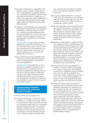 1.5 recognize conditions (e.g., dependent trials)         (e.g., measuring the time taken to complete
                                                               that give rise to a random variable that fol-         a task or the maximum distance a ball can
                                                               lows a hypergeometric probability distribu-           be thrown)
Grade 12, University Preparation




                                                               tion, calculate the probability associated with
                                                               each value of the random variable (e.g., by
                                                                                                                  2.2 recognize standard deviation as a measure
                                                                                                                      of the spread of a distribution, and determine,
                                                               using a tree diagram; by using combinations),
                                                                                                                      with and without technology, the mean and
                                                               and represent the distribution numerically
                                                                                                                      standard deviation of a sample of values of
                                                               using a table and graphically using a proba-
                                                                                                                      a continuous random variable
                                                               bility histogram

                                                           1.6 compare, with technology and using numeric         2.3 describe challenges associated with determin-
                                                                                                                      ing a continuous frequency distribution (e.g.,
                                                               and graphical representations, the probability
                                                                                                                      the inability to capture all values of the vari-
                                                               distributions of discrete random variables
                                                                                                                      able, resulting in a need to sample; uncer-
                                                               (e.g., compare binomial distributions with
                                                                                                                      tainties in measured values of the variable),
                                                               the same probability of success for increasing
                                                                                                                      and recognize the need for mathematical
                                                               numbers of trials; compare the shapes of a
                                                                                                                      models to represent continuous frequency
                                                               hypergeometric distribution and a binomial
                                                                                                                      distributions
                                                               distribution)
                                                               Sample problem: Compare the probability            2.4 represent, using intervals, a sample of values
                                                               distributions associated with drawing 0, 1, 2,         of a continuous random variable numerically
                                                               or 3 face cards when a card is drawn 3 times           using a frequency table and graphically using
                                                               from a standard deck with replacement (i.e.,           a frequency histogram and a frequency poly-
                                                               the card is replaced after each draw) and              gon, recognize that the frequency polygon
                                                               without replacement (i.e., the card is not             approximates the frequency distribution, and
                                                               replaced after each draw).                             determine, through investigation using tech-
                                                                                                                      nology (e.g., dynamic statistical software,
                                                           1.7 solve problems involving probability distri-           graphing calculator), and compare the effec-
                                                               butions (e.g., uniform, binomial, hypergeo-            tiveness of the frequency polygon as an
                                                               metric), including problems arising from               approximation of the frequency distribution
                                                               real-world applications                                for different sizes of the intervals
                                                               Sample problem: The probability of a busi-         2.5 recognize that theoretical probability for a
                                                               ness person cancelling a reservation at La             continuous random variable is determined
                                                               Place Pascal hotel is estimated to be 8%.              over a range of values (e.g., the probability
                                                               Generate and graph the probability distribu-           that the life of a lightbulb is between 90 hours
                                                               tion for the discrete random variable that             and 115 hours), that the probability that a
                                                               represents the number of business people               continuous random variable takes any single
                                                               cancelling when there are 10 reservations.             value is zero, and that the probabilities of
                                                               Use the probability distribution to determine          ranges of values form the probability distri-
                                                               the probability of at least 4 of the 10 reserva-       bution associated with the random variable
  THE ONTARIO CURRICULUM, GRADES 11 AND 12 | Mathematics




                                                               tions being cancelled.
                                                                                                                  2.6 recognize that the normal distribution is
                                                                                                                      commonly used to model the frequency and
                                                            2. Understanding Probability                              probability distributions of continuous ran-
                                                               Distributions for Continuous                           dom variables, describe some properties of
                                                               Random Variables                                       the normal distribution (e.g., the curve has a
                                                                                                                      central peak; the curve is symmetric about the
                                                                                                                      mean; the mean and median are equal;
                                                           By the end of this course, students will:
                                                                                                                      approximately 68% of the data values are
                                                           2.1 recognize and identify a continuous random             within one standard deviation of the mean
                                                               variable (i.e., a variable that assumes values         and approximately 95% of the data values are
                                                               from the infinite number of possible outcomes          within two standard deviations of the mean),
                                                               in a continuous sample space), and distinguish         and recognize and describe situations that can
                                                               between situations that give rise to discrete          be modelled using the normal distribution
                                                               frequency distributions (e.g., counting the            (e.g., birth weights of males or of females,
                                                               number of outcomes for drawing a card or               household incomes in a neighbourhood,
                                                               tossing three coins) and situations that give          baseball batting averages)
                                                               rise to continuous frequency distributions


116
 