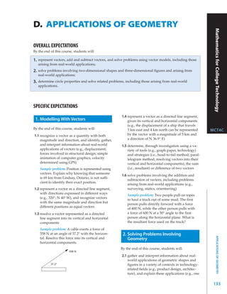 D. APPLICATIONS OF GEOMETRY




                                                                                                                   Mathematics for College Technology
OVERALL EXPECTATIONS
By the end of this course, students will:

1.   represent vectors, add and subtract vectors, and solve problems using vector models, including those
     arising from real-world applications;
2.   solve problems involving two-dimensional shapes and three-dimensional figures and arising from
     real-world applications;
3.   determine circle properties and solve related problems, including those arising from real-world
     applications.




SPECIFIC EXPECTATIONS
                                                          1.4 represent a vector as a directed line segment,
 1. Modelling With Vectors                                    given its vertical and horizontal components
                                                              (e.g., the displacement of a ship that travels
By the end of this course, students will:                     3 km east and 4 km north can be represented         MCT4C
1.1 recognize a vector as a quantity with both                by the vector with a magnitude of 5 km and
    magnitude and direction, and identify, gather,            a direction of N 36.9° E)
    and interpret information about real-world            1.5 determine, through investigation using a va-
    applications of vectors (e.g., displacement;              riety of tools (e.g., graph paper, technology)
    forces involved in structural design; simple              and strategies (i.e., head-to-tail method; paral-
    animation of computer graphics; velocity                  lelogram method; resolving vectors into their
    determined using GPS)                                     vertical and horizontal components), the sum
      Sample problem: Position is represented using           (i.e., resultant) or difference of two vectors
      vectors. Explain why knowing that someone
                                                          1.6 solve problems involving the addition and
      is 69 km from Lindsay, Ontario, is not suffi-
                                                              subtraction of vectors, including problems
      cient to identify their exact position.
                                                              arising from real-world applications (e.g.,
1.2 represent a vector as a directed line segment,            surveying, statics, orienteering)
    with directions expressed in different ways
                                                             Sample problem: Two people pull on ropes
    (e.g., 320°; N 40° W), and recognize vectors
                                                             to haul a truck out of some mud. The first
    with the same magnitude and direction but
                                                             person pulls directly forward with a force
    different positions as equal vectors
                                                             of 400 N, while the other person pulls with
1.3 resolve a vector represented as a directed               a force of 600 N at a 50° angle to the first
    line segment into its vertical and horizontal            person along the horizontal plane. What is
    components                                               the resultant force used on the truck?

      Sample problem: A cable exerts a force of
      558 N at an angle of 37.2° with the horizon-        2. Solving Problems Involving
                                                                                                                         APPLICATIONS OF GEOMETRY




      tal. Resolve this force into its vertical and          Geometry
      horizontal components.
                                                         By the end of this course, students will:
                         558 N
                                                          2.1 gather and interpret information about real-
                                                              world applications of geometric shapes and
             37.2°                                            figures in a variety of contexts in technology-
                                                              related fields (e.g., product design, architec-
                                                              ture), and explain these applications (e.g., one

                                                                                                                   133
 