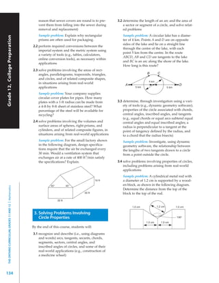 reason that sewer covers are round is to pre-     3.2 determine the length of an arc and the area of
                                                               vent them from falling into the sewer during          a sector or segment of a circle, and solve relat-
                                                               removal and replacement)                              ed problems
                                                               Sample problem: Explain why rectangular              Sample problem: A circular lake has a diame-
Grade 12, College Preparation




                                                               prisms are often used for packaging.                 ter of 4 km. Points A and D are on opposite
                                                                                                                    sides of the lake and lie on a straight line
                                                           2.2 perform required conversions between the
                                                                                                                    through the centre of the lake, with each
                                                               imperial system and the metric system using
                                                                                                                    point 5 km from the centre. In the route
                                                               a variety of tools (e.g., tables, calculators,
                                                                                                                    ABCD, AB and CD are tangents to the lake
                                                               online conversion tools), as necessary within
                                                                                                                    and BC is an arc along the shore of the lake.
                                                               applications
                                                                                                                    How long is this route?
                                                           2.3 solve problems involving the areas of rect-
                                                               angles, parallelograms, trapezoids, triangles,                         B       C
                                                               and circles, and of related composite shapes,
                                                                                                                                       4 km
                                                               in situations arising from real-world
                                                                                                                      A                                         D
                                                               applications                                                  5 km                      5 km

                                                               Sample problem: Your company supplies
                                                               circular cover plates for pipes. How many
                                                               plates with a 1-ft radius can be made from        3.3 determine, through investigation using a vari-
                                                               a 4-ft by 8-ft sheet of stainless steel? What         ety of tools (e.g., dynamic geometry software),
                                                               percentage of the steel will be available for         properties of the circle associated with chords,
                                                               recycling?                                            central angles, inscribed angles, and tangents
                                                                                                                     (e.g., equal chords or equal arcs subtend equal
                                                           2.4 solve problems involving the volumes and              central angles and equal inscribed angles; a
                                                               surface areas of spheres, right prisms, and           radius is perpendicular to a tangent at the
                                                               cylinders, and of related composite figures, in       point of tangency defined by the radius, and
                                                               situations arising from real-world applications       to a chord that the radius bisects)
                                                               Sample problem: For the small factory shown          Sample problem: Investigate, using dynamic
                                                               in the following diagram, design specifica-          geometry software, the relationship between
                                                               tions require that the air be exchanged every        the lengths of two tangents drawn to a circle
                                                               30 min. Would a ventilation system that              from a point outside the circle.
                                                               exchanges air at a rate of 400 ft 3/min satisfy
                                                               the specifications? Explain.                      3.4 solve problems involving properties of circles,
                                                                                                                     including problems arising from real-world
                                                                                                                     applications
                                                                                                                    Sample problem: A cylindrical metal rod with
                                                                                                       10 ft        a diameter of 1.2 cm is supported by a wood-
                                                                       45°           45°                            en block, as shown in the following diagram.
  THE ONTARIO CURRICULUM, GRADES 11 AND 12 | Mathematics




                                                                                                                    Determine the distance from the top of the
                                                                                               50 ft                block to the top of the rod.

                                                                             20 ft

                                                                                                                           1.0 cm             1.2 cm          1.0 cm

                                                            3. Solving Problems Involving
                                                               Circle Properties                                                                              130°

                                                                                                                                     1.0 cm       1.0 cm
                                                           By the end of this course, students will:

                                                           3.1 recognize and describe (i.e., using diagrams
                                                               and words) arcs, tangents, secants, chords,
                                                               segments, sectors, central angles, and
                                                               inscribed angles of circles, and some of their
                                                               real-world applications (e.g., construction of
                                                               a medicine wheel)




134
 