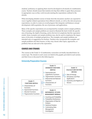 students’ proficiency in applying them must be developed in all strands of a mathematics
                                                         course. Teachers should ensure that students develop their ability to apply these processes
                                                         in appropriate ways as they work towards meeting the expectations outlined in the
                                                         strands.

                                                         When developing detailed courses of study from this document, teachers are expected to
                                                         weave together related expectations from different strands, as well as the relevant process
                                                         expectations, in order to create an overall program that integrates and balances concept
                                                         development, skill acquisition, the use of processes, and applications.

                                                         Many of the specific expectations are accompanied by examples and/or sample problems.
                                                         These examples and sample problems are meant to illustrate the kind of skill, the specific
                                                         area of learning, the depth of learning, and/or the level of complexity that the expectation
                                                         entails. Some examples and sample problems may also be used to emphasize the impor-
                                                         tance of diversity or multiple perspectives. The examples and sample problems are
                                                         intended only as suggestions for teachers. Teachers may incorporate the examples and
                                                         sample problems into their lessons, or they may choose other topics, approaches, or
                                                         problems that are relevant to the expectation.


                                                         COURSES AND STRANDS
                                                         The courses in the Grade 11–12 mathematics curriculum are briefly described below, by
                                                         course type. The strands in each course are listed in the graphic provided in each section,
                                                         and their focus is discussed in the following text.

                                                         University Preparation Courses

                                                                                                    Grade 12
                                                                                             ADVANCED FUNCTIONS                     Grade 12
                                                                                                  (MHF4U)                     CALCULUS AND VECTORS
                                                                                          A. Exponential and                        (MCV4U)
                                                                                             Logarithmic Functions          A. Rate of Change
                                                                                          B. Trigonometric Functions        B. Derivatives and Their
THE ONTARIO CURRICULUM, GRADES 11 AND 12 | Mathematics




                                                                                          C. Polynomial and Rational           Applications
                                                                  Grade 11                   Functions                      C. Geometry and Algebra of
                                                              FUNCTIONS (MCR3U)           D. Characteristics of                Vectors
                                                                                             Functions
                                                          A. Characteristics of
                                                             Functions
                                                          B. Exponential Functions                Grade 12
                                                          C. Discrete Functions              MATHEMATICS OF DATA
                                                          D. Trigonometric Functions         MANAGEMENT (MDM4U)
                                                                                          A. Counting and Probability
                                                                                          B. Probability Distributions
                                                                                          C. Organization of Data for
                                                                                             Analysis
                                                                                          D. Statistical Analysis
                                                                                          E. Culminating Data
                                                                                             Management
                                                                                             Investigation

12
 