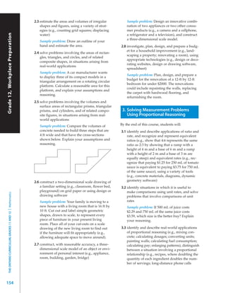 2.3 estimate the areas and volumes of irregular            Sample problem: Design an innovative combi-
                                                               shapes and figures, using a variety of strat-          nation of two appliances or two other consu-
                                                               egies (e.g., counting grid squares; displacing         mer products (e.g., a camera and a cellphone,
Grade 12, Workplace Preparation




                                                               water)                                                 a refrigerator and a television), and construct
                                                                                                                      a three-dimensional scale model.
                                                              Sample problem: Draw an outline of your
                                                              hand and estimate the area.                         2.8 investigate, plan, design, and prepare a budg-
                                                                                                                      et for a household improvement (e.g., land-
                                                           2.4 solve problems involving the areas of rectan-
                                                                                                                      scaping a property; renovating a room), using
                                                               gles, triangles, and circles, and of related
                                                                                                                      appropriate technologies (e.g., design or deco-
                                                               composite shapes, in situations arising from
                                                                                                                      rating websites, design or drawing software,
                                                               real-world applications
                                                                                                                      spreadsheet)
                                                              Sample problem: A car manufacturer wants
                                                                                                                      Sample problem: Plan, design, and prepare a
                                                              to display three of its compact models in a
                                                                                                                      budget for the renovation of a 12-ft by 12-ft
                                                              triangular arrangement on a rotating circular
                                                                                                                      bedroom for under $2000. The renovations
                                                              platform. Calculate a reasonable area for this
                                                                                                                      could include repainting the walls, replacing
                                                              platform, and explain your assumptions and
                                                                                                                      the carpet with hardwood flooring, and
                                                              reasoning.
                                                                                                                      refurnishing the room.
                                                           2.5 solve problems involving the volumes and
                                                               surface areas of rectangular prisms, triangular
                                                               prisms, and cylinders, and of related compo-        3. Solving Measurement Problems
                                                               site figures, in situations arising from real-         Using Proportional Reasoning
                                                               world applications
                                                              Sample problem: Compare the volumes of              By the end of this course, students will:
                                                              concrete needed to build three steps that are       3.1 identify and describe applications of ratio and
                                                              4 ft wide and that have the cross-sections              rate, and recognize and represent equivalent
                                                              shown below. Explain your assumptions and               ratios (e.g., show that 4:6 represents the same
                                                              reasoning.                                              ratio as 2:3 by showing that a ramp with a
                                                                                                                      height of 4 m and a base of 6 m and a ramp
                                                                                                                      with a height of 2 m and a base of 3 m are
                                                                                                                      equally steep) and equivalent rates (e.g., rec-
                                                                                                                      ognize that paying $1.25 for 250 mL of tomato
                                                                                                                      sauce is equivalent to paying $3.75 for 750 mL
                                                                                                                      of the same sauce), using a variety of tools
                                                                                                                      (e.g., concrete materials, diagrams, dynamic
                                                           2.6 construct a two-dimensional scale drawing of           geometry software)
                                                               a familiar setting (e.g., classroom, flower bed,   3.2 identify situations in which it is useful to
                                                               playground) on grid paper or using design or           make comparisons using unit rates, and solve
  THE ONTARIO CURRICULUM, GRADES 11 AND 12 | Mathematics




                                                               drawing software                                       problems that involve comparisons of unit
                                                              Sample problem: Your family is moving to a              rates
                                                              new house with a living room that is 16 ft by           Sample problem: If 500 mL of juice costs
                                                              10 ft. Cut out and label simple geometric               $2.29 and 750 mL of the same juice costs
                                                              shapes, drawn to scale, to represent every              $3.59, which size is the better buy? Explain
                                                              piece of furniture in your present living               your reasoning.
                                                              room. Place all of your cut-outs on a scale
                                                              drawing of the new living room to find out          3.3 identify and describe real-world applications
                                                              if the furniture will fit appropriately (e.g.,          of proportional reasoning (e.g., mixing con-
                                                              allowing adequate space to move around).                crete; calculating dosages; converting units;
                                                                                                                      painting walls; calculating fuel consumption;
                                                           2.7 construct, with reasonable accuracy, a three-          calculating pay; enlarging patterns), distinguish
                                                               dimensional scale model of an object or envi-          between a situation involving a proportional
                                                               ronment of personal interest (e.g., appliance,         relationship (e.g., recipes, where doubling the
                                                               room, building, garden, bridge)                        quantity of each ingredient doubles the num-
                                                                                                                      ber of servings; long-distance phone calls




154
 