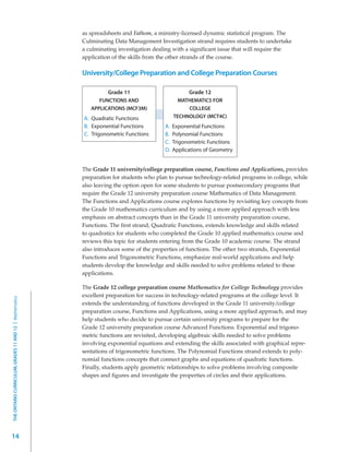 as spreadsheets and Fathom, a ministry-licensed dynamic statistical program. The
                                                         Culminating Data Management Investigation strand requires students to undertake
                                                         a culminating investigation dealing with a significant issue that will require the
                                                         application of the skills from the other strands of the course.

                                                         University/College Preparation and College Preparation Courses

                                                                   Grade 11                         Grade 12
                                                               FUNCTIONS AND                    MATHEMATICS FOR
                                                            APPLICATIONS (MCF3M)                   COLLEGE
                                                         A. Quadratic Functions               TECHNOLOGY (MCT4C)
                                                         B. Exponential Functions        A.   Exponential Functions
                                                         C. Trigonometric Functions      B.   Polynomial Functions
                                                                                         C.   Trigonometric Functions
                                                                                         D.   Applications of Geometry


                                                         The Grade 11 university/college preparation course, Functions and Applications, provides
                                                         preparation for students who plan to pursue technology-related programs in college, while
                                                         also leaving the option open for some students to pursue postsecondary programs that
                                                         require the Grade 12 university preparation course Mathematics of Data Management.
                                                         The Functions and Applications course explores functions by revisiting key concepts from
                                                         the Grade 10 mathematics curriculum and by using a more applied approach with less
                                                         emphasis on abstract concepts than in the Grade 11 university preparation course,
                                                         Functions. The first strand, Quadratic Functions, extends knowledge and skills related
                                                         to quadratics for students who completed the Grade 10 applied mathematics course and
                                                         reviews this topic for students entering from the Grade 10 academic course. The strand
                                                         also introduces some of the properties of functions. The other two strands, Exponential
                                                         Functions and Trigonometric Functions, emphasize real-world applications and help
                                                         students develop the knowledge and skills needed to solve problems related to these
                                                         applications.

                                                         The Grade 12 college preparation course Mathematics for College Technology provides
                                                         excellent preparation for success in technology-related programs at the college level. It
THE ONTARIO CURRICULUM, GRADES 11 AND 12 | Mathematics




                                                         extends the understanding of functions developed in the Grade 11 university/college
                                                         preparation course, Functions and Applications, using a more applied approach, and may
                                                         help students who decide to pursue certain university programs to prepare for the
                                                         Grade 12 university preparation course Advanced Functions. Exponential and trigono-
                                                         metric functions are revisited, developing algebraic skills needed to solve problems
                                                         involving exponential equations and extending the skills associated with graphical repre-
                                                         sentations of trigonometric functions. The Polynomial Functions strand extends to poly-
                                                         nomial functions concepts that connect graphs and equations of quadratic functions.
                                                         Finally, students apply geometric relationships to solve problems involving composite
                                                         shapes and figures and investigate the properties of circles and their applications.




14
 