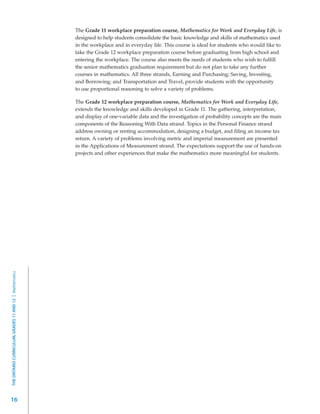 The Grade 11 workplace preparation course, Mathematics for Work and Everyday Life, is
                                                         designed to help students consolidate the basic knowledge and skills of mathematics used
                                                         in the workplace and in everyday life. This course is ideal for students who would like to
                                                         take the Grade 12 workplace preparation course before graduating from high school and
                                                         entering the workplace. The course also meets the needs of students who wish to fulfill
                                                         the senior mathematics graduation requirement but do not plan to take any further
                                                         courses in mathematics. All three strands, Earning and Purchasing; Saving, Investing,
                                                         and Borrowing; and Transportation and Travel, provide students with the opportunity
                                                         to use proportional reasoning to solve a variety of problems.

                                                         The Grade 12 workplace preparation course, Mathematics for Work and Everyday Life,
                                                         extends the knowledge and skills developed in Grade 11. The gathering, interpretation,
                                                         and display of one-variable data and the investigation of probability concepts are the main
                                                         components of the Reasoning With Data strand. Topics in the Personal Finance strand
                                                         address owning or renting accommodation, designing a budget, and filing an income tax
                                                         return. A variety of problems involving metric and imperial measurement are presented
                                                         in the Applications of Measurement strand. The expectations support the use of hands-on
                                                         projects and other experiences that make the mathematics more meaningful for students.
THE ONTARIO CURRICULUM, GRADES 11 AND 12 | Mathematics




16
 