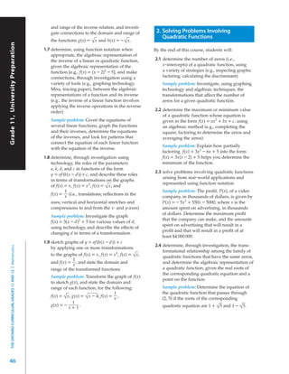 and range of the inverse relation, and investi-
                                                                 gate connections to the domain and range of            2. Solving Problems Involving
                                                                                                                           Quadratic Functions
                                                                 the functions g(x) = √ x and h(x) = – √ x.
 Grade 11, University Preparation
Grade 11, University Preparation




                                                             1.7 determine, using function notation when               By the end of this course, students will:
                                                                 appropriate, the algebraic representation of
                                                                 the inverse of a linear or quadratic function,        2.1 determine the number of zeros (i.e.,
                                                                 given the algebraic representation of the                 x-intercepts) of a quadratic function, using
                                                                 function [e.g., f(x) = (x – 2)2 – 5], and make            a variety of strategies (e.g., inspecting graphs;
                                                                 connections, through investigation using a                factoring; calculating the discriminant)
                                                                 variety of tools (e.g., graphing technology,              Sample problem: Investigate, using graphing
                                                                 Mira, tracing paper), between the algebraic               technology and algebraic techniques, the
                                                                 representations of a function and its inverse             transformations that affect the number of
                                                                 (e.g., the inverse of a linear function involves          zeros for a given quadratic function.
                                                                 applying the inverse operations in the reverse
                                                                 order)                                                2.2 determine the maximum or minimum value
                                                                                                                           of a quadratic function whose equation is
                                                                 Sample problem: Given the equations of                    given in the form f(x) = ax 2 + bx + c, using
                                                                 several linear functions, graph the functions             an algebraic method (e.g., completing the
                                                                 and their inverses, determine the equations               square; factoring to determine the zeros and
                                                                 of the inverses, and look for patterns that               averaging the zeros)
                                                                 connect the equation of each linear function
                                                                                                                           Sample problem: Explain how partially
                                                                 with the equation of the inverse.
                                                                                                                           factoring f(x) = 3x 2 – 6x + 5 into the form
                                                             1.8 determine, through investigation using                    f(x) = 3x(x – 2) + 5 helps you determine the
                                                                 technology, the roles of the parameters                   minimum of the function.
                                                                 a, k, d, and c in functions of the form
                                                                                                                       2.3 solve problems involving quadratic functions
                                                                 y = af (k(x – d)) + c, and describe these roles
                                                                                                                           arising from real-world applications and
                                                                 in terms of transformations on the graphs
                                                                                                                           represented using function notation
                                                                 of f(x) = x, f(x) = x 2 , f(x) = √ x, and
                                                                          1                                                Sample problem: The proﬁt, P(x), of a video
                                                                 f(x) = (i.e., translations; reﬂections in the
                                                                          x                                                company, in thousands of dollars, is given by
                                                                 axes; vertical and horizontal stretches and               P(x) = – 5x 2 + 550x – 5000, where x is the
                                                                 compressions to and from the x- and y-axes)               amount spent on advertising, in thousands
                                                                                                                           of dollars. Determine the maximum proﬁt
                                                                 Sample problem: Investigate the graph
                                                                                                                           that the company can make, and the amounts
                                                                 f(x) = 3(x – d)2 + 5 for various values of d,
                                                                                                                           spent on advertising that will result in a
                                                                 using technology, and describe the effects of
                                                                                                                           proﬁt and that will result in a proﬁt of at
                                                                 changing d in terms of a transformation.
                                                                                                                           least $4 000 000.
                                                             1.9 sketch graphs of y = af (k(x – d)) + c
                                                                                                                       2.4 determine, through investigation, the trans-
    THE ONTARIO CURRICULUM, GRADES 11 AND 12 | Mathematics




                                                                 by applying one or more transformations
                                                                                                                           formational relationship among the family of
                                                                 to the graphs of f(x) = x, f(x) = x 2 , f(x) = √ x,       quadratic functions that have the same zeros,
                                                                            1
                                                                 and f(x) = , and state the domain and                     and determine the algebraic representation of
                                                                            x
                                                                 range of the transformed functions                        a quadratic function, given the real roots of
                                                                                                                           the corresponding quadratic equation and a
                                                                 Sample problem: Transform the graph of f(x)
                                                                                                                           point on the function
                                                                 to sketch g(x), and state the domain and
                                                                 range of each function, for the following:                Sample problem: Determine the equation of
                                                                                                   1                       the quadratic function that passes through
                                                                 f(x) = √ x, g(x) = √ x – 4; f(x) = ,
                                                                                                   x                       (2, 5) if the roots of the corresponding
                                                                             1
                                                                 g(x) = –        .                                         quadratic equation are 1 + √ 5 and 1 – √ 5.
                                                                           x+1




46
 