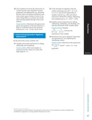 2.5 solve problems involving the intersection of                      3.2 verify, through investigation with and
    a linear function and a quadratic function                            without technology, that √ ab = √ a x √ b,
    graphically and algebraically (e.g., determine                        a ≥ 0, b ≥ 0, and use this relationship to
    the time when two identical cylindrical water                         simplify radicals (e.g., √ 24) and radical
    tanks contain equal volumes of water, if one                          expressions obtained by adding, subtracting,
    tank is being ﬁlled at a constant rate and the
                                                                          and multiplying [e.g., (2 + √ 6)(3 – √ 12)]
    other is being emptied through a hole in the
    bottom)                                                           3.3 simplify rational expressions by adding,
     Sample problem: Determine, through investi-                          subtracting, multiplying, and dividing, and




                                                                                                                           Functions
     gation, the equations of the lines that have a                       state the restrictions on the variable values
     slope of 2 and that intersect the quadratic                           Sample problem: Simplify
     function f(x) = x(6 – x) once; twice; never.                              2x         3
                                                                              2
                                                                                     –         , and state the
                                                                           4x + 6x      2x + 3
                                                                           restrictions on the variable.
 3. Determining Equivalent Algebraic
    Expressions*                                                      3.4 determine if two given algebraic expressions
                                                                          are equivalent (i.e., by simplifying; by
By the end of this course, students will:                                 substituting values)
                                                                           Sample problem: Determine if the expressions
3.1 simplify polynomial expressions by adding,
                                                                           2x 2 – 4x – 6
    subtracting, and multiplying                                                         and 8x2 – 2x(4x – 1) – 6 are
                                                                               x+1
     Sample problem: Write and simplify an                                 equivalent.
     expression for the volume of a cube with
     edge length 2x + 1.
                                                                                                                          MCR3U




                                                                                                                            CHARACTERISTICS OF FUNCTIONS




*The knowledge and skills described in the expectations in this section are to be introduced as needed, and applied and
consolidated, as appropriate, in solving problems throughout the course.


                                                                                                                           47
 