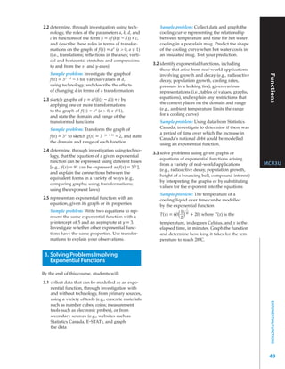 2.2 determine, through investigation using tech-                Sample problem: Collect data and graph the
    nology, the roles of the parameters a, k, d, and            cooling curve representing the relationship
    c in functions of the form y = af (k(x – d)) + c,           between temperature and time for hot water
    and describe these roles in terms of transfor-              cooling in a porcelain mug. Predict the shape
    mations on the graph of f(x) = ax (a > 0, a ≠ 1)            of the cooling curve when hot water cools in
    (i.e., translations; reﬂections in the axes; verti-         an insulated mug. Test your prediction.
    cal and horizontal stretches and compressions
    to and from the x- and y-axes)
                                                             3.2 identify exponential functions, including
                                                                 those that arise from real-world applications
    Sample problem: Investigate the graph of




                                                                                                                     Functions
                                                                 involving growth and decay (e.g., radioactive
    f(x) = 3 x – d – 5 for various values of d,                  decay, population growth, cooling rates,
    using technology, and describe the effects                   pressure in a leaking tire), given various
    of changing d in terms of a transformation.                  representations (i.e., tables of values, graphs,
2.3 sketch graphs of y = af (k(x – d)) + c by                    equations), and explain any restrictions that
    applying one or more transformations                         the context places on the domain and range
    to the graph of f(x) = ax (a > 0, a ≠ 1),                    (e.g., ambient temperature limits the range
    and state the domain and range of the                        for a cooling curve)
    transformed functions                                       Sample problem: Using data from Statistics
    Sample problem: Transform the graph of                      Canada, investigate to determine if there was
                                                                a period of time over which the increase in
    f(x) = 3 x to sketch g(x) = 3 – (x + 1) – 2, and state
                                                                Canada’s national debt could be modelled
    the domain and range of each function.
                                                                using an exponential function.
2.4 determine, through investigation using techno-
                                                             3.3 solve problems using given graphs or
    logy, that the equation of a given exponential
                                                                 equations of exponential functions arising
    function can be expressed using different bases                                                                 MCR3U
                                                                 from a variety of real-world applications
    [e.g., f(x) = 9 x can be expressed as f(x) = 32x ],
                                                                 (e.g., radioactive decay, population growth,
    and explain the connections between the
                                                                 height of a bouncing ball, compound interest)
    equivalent forms in a variety of ways (e.g.,
                                                                 by interpreting the graphs or by substituting
    comparing graphs; using transformations;
                                                                 values for the exponent into the equations
    using the exponent laws)
                                                                Sample problem: The temperature of a
2.5 represent an exponential function with an                   cooling liquid over time can be modelled
    equation, given its graph or its properties                 by the exponential function
                                                                              x
    Sample problem: Write two equations to rep-                            1 30
    resent the same exponential function with a
                                                                T(x) = 60 ( )
                                                                           2
                                                                                + 20, where T(x) is the
    y-intercept of 5 and an asymptote at y = 3.                 temperature, in degrees Celsius, and x is the
    Investigate whether other exponential func-                 elapsed time, in minutes. Graph the function
    tions have the same properties. Use transfor-               and determine how long it takes for the tem-
    mations to explain your observations.                       perature to reach 28ºC.


 3. Solving Problems Involving
    Exponential Functions

By the end of this course, students will:

3.1 collect data that can be modelled as an expo-
    nential function, through investigation with
    and without technology, from primary sources,
    using a variety of tools (e.g., concrete materials
                                                                                                                      EXPONENTIAL FUNCTIONS




    such as number cubes, coins; measurement
    tools such as electronic probes), or from
    secondary sources (e.g., websites such as
    Statistics Canada, E-STAT), and graph
    the data




                                                                                                                     49
 