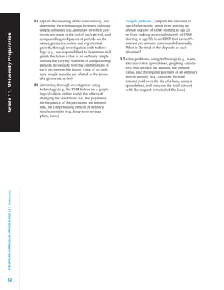 3.5 explain the meaning of the term annuity, and         Sample problem: Compare the amounts at
                                                                 determine the relationships between ordinary         age 65 that would result from making an
                                                                 simple annuities (i.e., annuities in which pay-      annual deposit of $1000 starting at age 20,
 Grade 11, University Preparation
Grade 11, University Preparation



                                                                 ments are made at the end of each period, and        or from making an annual deposit of $3000
                                                                 compounding and payment periods are the              starting at age 50, to an RRSP that earns 6%
                                                                 same), geometric series, and exponential             interest per annum, compounded annually.
                                                                 growth, through investigation with techno-           What is the total of the deposits in each
                                                                 logy (e.g., use a spreadsheet to determine and       situation?
                                                                 graph the future value of an ordinary simple
                                                                 annuity for varying numbers of compounding
                                                                                                                   3.7 solve problems, using technology (e.g., scien-
                                                                                                                       tiﬁc calculator, spreadsheet, graphing calcula-
                                                                 periods; investigate how the contributions of
                                                                                                                       tor), that involve the amount, the present
                                                                 each payment to the future value of an ordi-
                                                                                                                       value, and the regular payment of an ordinary
                                                                 nary simple annuity are related to the terms
                                                                                                                       simple annuity (e.g., calculate the total
                                                                 of a geometric series)
                                                                                                                       interest paid over the life of a loan, using a
                                                             3.6 determine, through investigation using                spreadsheet, and compare the total interest
                                                                 technology (e.g., the TVM Solver on a graph-          with the original principal of the loan)
                                                                 ing calculator, online tools), the effects of
                                                                 changing the conditions (i.e., the payments,
                                                                 the frequency of the payments, the interest
                                                                 rate, the compounding period) of ordinary
                                                                 simple annuities (e.g., long-term savings
                                                                 plans, loans)
    THE ONTARIO CURRICULUM, GRADES 11 AND 12 | Mathematics




52
 