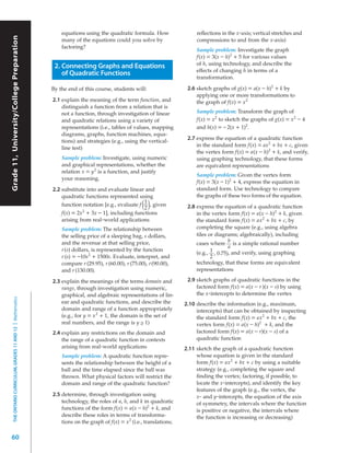 Grade 11, University/College Preparation

                                                                  equations using the quadratic formula. How                   reﬂections in the x-axis; vertical stretches and
Grade 11, University/CollegePreparation

                                                                  many of the equations could you solve by                     compressions to and from the x-axis)
                                                                  factoring?
                                                                                                                               Sample problem: Investigate the graph
                                                                                                                               f(x) = 3(x – h)2 + 5 for various values
                                                                                                                               of h, using technology, and describe the
                                                               2. Connecting Graphs and Equations
                                                                                                                               effects of changing h in terms of a
                                                                  of Quadratic Functions
                                                                                                                               transformation.

                                                              By the end of this course, students will:                    2.6 sketch graphs of g(x) = a(x – h)2 + k by
                                                                                                                               applying one or more transformations to
                                                              2.1 explain the meaning of the term function, and                the graph of f(x) = x 2
                                                                  distinguish a function from a relation that is
                                                                  not a function, through investigation of linear              Sample problem: Transform the graph of
                                                                  and quadratic relations using a variety of                   f(x) = x 2 to sketch the graphs of g(x) = x 2 – 4
                                                                  representations (i.e., tables of values, mapping             and h(x) = – 2(x + 1)2 .
                                                                  diagrams, graphs, function machines, equa-
                                                                  tions) and strategies (e.g., using the vertical-
                                                                                                                           2.7 express the equation of a quadratic function
                                                                                                                               in the standard form f(x) = ax 2 + bx + c, given
                                                                  line test)
                                                                                                                               the vertex form f(x) = a(x – h)2 + k, and verify,
                                                                  Sample problem: Investigate, using numeric                   using graphing technology, that these forms
                                                                  and graphical representations, whether the                   are equivalent representations
                                                                  relation x = y 2 is a function, and justify
                                                                                                                               Sample problem: Given the vertex form
                                                                  your reasoning.
                                                                                                                               f(x) = 3(x – 1)2 + 4, express the equation in
                                                              2.2 substitute into and evaluate linear and                      standard form. Use technology to compare
                                                                  quadratic functions represented using                        the graphs of these two forms of the equation.
                                                                                                       1
                                                                  function notation [e.g., evaluate f
                                                                                                       2()
                                                                                                         , given           2.8 express the equation of a quadratic function
                                                                  f(x) = 2x 2 + 3x – 1], including functions                   in the vertex form f(x) = a(x – h)2 + k, given
                                                                  arising from real-world applications                         the standard form f(x) = ax 2 + bx + c, by
                                                                  Sample problem: The relationship between                     completing the square (e.g., using algebra
                                                                  the selling price of a sleeping bag, s dollars,              tiles or diagrams; algebraically), including
                                                                  and the revenue at that selling price,                                       b
                                                                                                                               cases where is a simple rational number
                                                                                                                                               a
                                                                  r(s) dollars, is represented by the function
                                                                                                                               (e.g., 1 , 0.75), and verify, using graphing
                                                                  r (s) = –10s 2 + 1500s. Evaluate, interpret, and                    2
                                                                  compare r (29.95), r (60.00), r (75.00), r(90.00),           technology, that these forms are equivalent
                                                                  and r (130.00).                                              representations

                                                              2.3 explain the meanings of the terms domain and             2.9 sketch graphs of quadratic functions in the
                                                                  range, through investigation using numeric,                  factored form f(x) = a(x – r )(x – s) by using
                                                                  graphical, and algebraic representations of lin-             the x-intercepts to determine the vertex
     THE ONTARIO CURRICULUM, GRADES 11 AND 12 | Mathematics




                                                                  ear and quadratic functions, and describe the           2.10 describe the information (e.g., maximum,
                                                                  domain and range of a function appropriately                 intercepts) that can be obtained by inspecting
                                                                  (e.g., for y = x 2 + 1, the domain is the set of             the standard form f(x) = ax 2 + bx + c, the
                                                                  real numbers, and the range is y ≥ 1)                        vertex form f(x) = a(x – h)2 + k, and the
                                                              2.4 explain any restrictions on the domain and                   factored form f(x) = a(x – r)(x – s) of a
                                                                  the range of a quadratic function in contexts                quadratic function
                                                                  arising from real-world applications                    2.11 sketch the graph of a quadratic function
                                                                  Sample problem: A quadratic function repre-                  whose equation is given in the standard
                                                                  sents the relationship between the height of a               form f(x) = ax 2 + bx + c by using a suitable
                                                                  ball and the time elapsed since the ball was                 strategy (e.g., completing the square and
                                                                  thrown. What physical factors will restrict the              ﬁnding the vertex; factoring, if possible, to
                                                                  domain and range of the quadratic function?                  locate the x-intercepts), and identify the key
                                                                                                                               features of the graph (e.g., the vertex, the
                                                              2.5 determine, through investigation using                       x- and y-intercepts, the equation of the axis
                                                                  technology, the roles of a, h, and k in quadratic            of symmetry, the intervals where the function
                                                                  functions of the form f(x) = a(x – h)2 + k, and              is positive or negative, the intervals where
                                                                  describe these roles in terms of transforma-                 the function is increasing or decreasing)
                                                                  tions on the graph of f(x) = x 2 (i.e., translations;

60
 