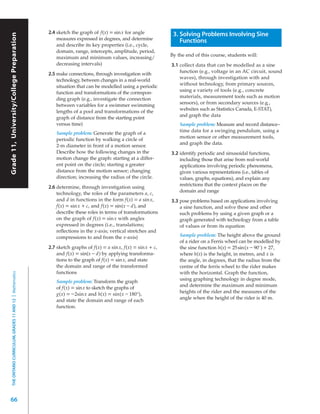Grade 11, University/College Preparation

                                                              2.4 sketch the graph of f(x) = sinx for angle             3. Solving Problems Involving Sine
Grade 11, University/CollegePreparation


                                                                  measures expressed in degrees, and determine             Functions
                                                                  and describe its key properties (i.e., cycle,
                                                                  domain, range, intercepts, amplitude, period,
                                                                                                                       By the end of this course, students will:
                                                                  maximum and minimum values, increasing/
                                                                  decreasing intervals)                                3.1 collect data that can be modelled as a sine
                                                                                                                           function (e.g., voltage in an AC circuit, sound
                                                              2.5 make connections, through investigation with
                                                                                                                           waves), through investigation with and
                                                                  technology, between changes in a real-world
                                                                                                                           without technology, from primary sources,
                                                                  situation that can be modelled using a periodic
                                                                                                                           using a variety of tools (e.g., concrete
                                                                  function and transformations of the correspon-
                                                                                                                           materials, measurement tools such as motion
                                                                  ding graph (e.g., investigate the connection
                                                                                                                           sensors), or from secondary sources (e.g.,
                                                                  between variables for a swimmer swimming
                                                                                                                           websites such as Statistics Canada, E-STAT),
                                                                  lengths of a pool and transformations of the
                                                                                                                           and graph the data
                                                                  graph of distance from the starting point
                                                                  versus time)                                             Sample problem: Measure and record distance−
                                                                                                                           time data for a swinging pendulum, using a
                                                                 Sample problem: Generate the graph of a
                                                                                                                           motion sensor or other measurement tools,
                                                                 periodic function by walking a circle of
                                                                                                                           and graph the data.
                                                                 2-m diameter in front of a motion sensor.
                                                                 Describe how the following changes in the             3.2 identify periodic and sinusoidal functions,
                                                                 motion change the graph: starting at a differ-            including those that arise from real-world
                                                                 ent point on the circle; starting a greater               applications involving periodic phenomena,
                                                                 distance from the motion sensor; changing                 given various representations (i.e., tables of
                                                                 direction; increasing the radius of the circle.           values, graphs, equations), and explain any
                                                                                                                           restrictions that the context places on the
                                                              2.6 determine, through investigation using
                                                                                                                           domain and range
                                                                  technology, the roles of the parameters a, c,
                                                                  and d in functions in the form f(x) = a sin x,       3.3 pose problems based on applications involving
                                                                  f(x) = sin x + c, and f(x) = sin(x – d), and             a sine function, and solve these and other
                                                                  describe these roles in terms of transformations         such problems by using a given graph or a
                                                                  on the graph of f(x) = sin x with angles                 graph generated with technology from a table
                                                                  expressed in degrees (i.e., translations;                of values or from its equation
                                                                  reﬂections in the x-axis; vertical stretches and
                                                                  compressions to and from the x-axis)                     Sample problem: The height above the ground
                                                                                                                           of a rider on a Ferris wheel can be modelled by
                                                              2.7 sketch graphs of f(x) = a sin x, f(x) = sin x + c,       the sine function h(x) = 25 sin(x – 90˚) + 27,
                                                                  and f(x) = sin(x – d) by applying transforma-            where h(x) is the height, in metres, and x is
                                                                  tions to the graph of f(x) = sinx, and state             the angle, in degrees, that the radius from the
                                                                  the domain and range of the transformed                  centre of the ferris wheel to the rider makes
                                                                  functions                                                with the horizontal. Graph the function,
     THE ONTARIO CURRICULUM, GRADES 11 AND 12 | Mathematics




                                                                                                                           using graphing technology in degree mode,
                                                                 Sample problem: Transform the graph
                                                                                                                           and determine the maximum and minimum
                                                                 of f(x) = sinx to sketch the graphs of
                                                                                                                           heights of the rider and the measures of the
                                                                 g(x) = – 2sin x and h(x) = sin(x – 180°),
                                                                                                                           angle when the height of the rider is 40 m.
                                                                 and state the domain and range of each
                                                                 function.




66
 