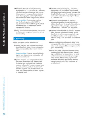2.4 determine, through investigation using            3.3 calculate, using technology (e.g., calculator,
                                                                technology (e.g., a TVM Solver on a graphing          spreadsheet), the total interest paid over the
                                                                calculator or on a website), the effect on the        life of a personal loan, given the principal, the
 Grade 11, Workplace Preparation
Grade 11, Workplace Preparation



                                                                future value of a compound interest invest-           length of the loan, and the periodic payments,
                                                                ment of changing the total length of time,            and use the calculations to justify the choice
                                                                the interest rate, or the compounding period          of a personal loan
                                                                Sample problem: Compare the results at            3.4 determine, using a variety of tools (e.g.,
                                                                age 40 of making a deposit of $1000 at                spreadsheet template, online amortization
                                                                age 20 or a deposit of $2000 at age 30, if both       tables), the effect of the length of time taken to
                                                                investments pay 6% interest per annum,                repay a loan on the principal and interest
                                                                compounded monthly.                                   components of a personal loan repayment
                                                            2.5 solve problems, using technology, that involve    3.5 compare, using a variety of tools (e.g., spread-
                                                                applications of compound interest to saving           sheet template, online amortization tables),
                                                                and investing                                         the effects of various payment periods (e.g.,
                                                                                                                      monthly, biweekly) on the length of time
                                                                                                                      taken to repay a loan and on the total interest
                                                             3. Borrowing                                             paid

                                                            By the end of this course, students will:             3.6 gather and interpret information about credit
                                                                                                                      ratings, and describe the factors used to deter-
                                                            3.1 gather, interpret, and compare information            mine credit ratings and the consequences of a
                                                                about the effects of carrying an outstanding          good or bad rating
                                                                balance on a credit card at current interest
                                                                rates                                             3.7 make and justify a decision to borrow, using
                                                                                                                      various criteria (e.g., income, cost of borrow-
                                                                Sample problem: Describe ways of minimiz-
                                                                                                                      ing, availability of an item, need for an item)
                                                                ing the cost of carrying an outstanding bal-
                                                                                                                      under various circumstances (e.g., having a
                                                                ance on a credit card.
                                                                                                                      large existing debt, wanting to pursue an
                                                            3.2 gather, interpret, and compare information            education or training opportunity, needing
                                                                describing the features (e.g., interest rates,        transportation to a new job, wanting to set
                                                                ﬂexibility) and conditions (e.g., eligibility,        up a business)
                                                                required collateral) of various personal loans
                                                                (e.g., student loan, car loan, “no interest”
                                                                deferred-payment loan, loan to consolidate
                                                                debt, loan drawn on a line of credit, payday
                                                                or bridging loan)
   THE ONTARIO CURRICULUM, GRADES 11 AND 12 | Mathematics




82
 