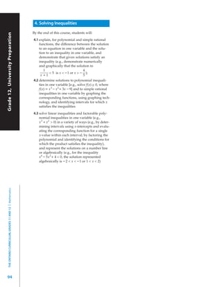 4. Solving Inequalities

                                                           By the end of this course, students will:
Grade 12, University Preparation




                                                           4.1 explain, for polynomial and simple rational
                                                               functions, the difference between the solution
                                                               to an equation in one variable and the solu-
                                                               tion to an inequality in one variable, and
                                                               demonstrate that given solutions satisfy an
                                                               inequality (e.g., demonstrate numerically
                                                               and graphically that the solution to
                                                                  1                             4
                                                                       < 5 is x < – 1 or x > – );
                                                                x +1                            5
                                                           4.2 determine solutions to polynomial inequali-
                                                               ties in one variable [e.g., solve f(x) ≥ 0, where
                                                               f(x) = x 3 – x 2 + 3x – 9] and to simple rational
                                                               inequalities in one variable by graphing the
                                                               corresponding functions, using graphing tech-
                                                               nology, and identifying intervals for which x
                                                               satisfies the inequalities

                                                           4.3 solve linear inequalities and factorable poly-
                                                               nomial inequalities in one variable (e.g.,
                                                               x 3 + x 2 > 0) in a variety of ways (e.g., by deter-
                                                               mining intervals using x-intercepts and evalu-
                                                               ating the corresponding function for a single
                                                               x-value within each interval; by factoring the
                                                               polynomial and identifying the conditions for
                                                               which the product satisfies the inequality),
                                                               and represent the solutions on a number line
                                                               or algebraically (e.g., for the inequality
                                                               x4 – 5x 2 + 4 < 0, the solution represented
                                                               algebraically is – 2 < x < – 1 or 1 < x < 2)
  THE ONTARIO CURRICULUM, GRADES 11 AND 12 | Mathematics




94
 