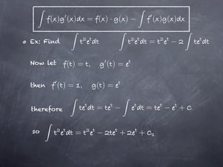 ( ) ( )    = ( )· ( )           ( ) ( )

Ex: Find                           =

Now let     ()= ,       ()=

then      ()= ,     ()=


therefore           =              =             +


so           =            +    +
 