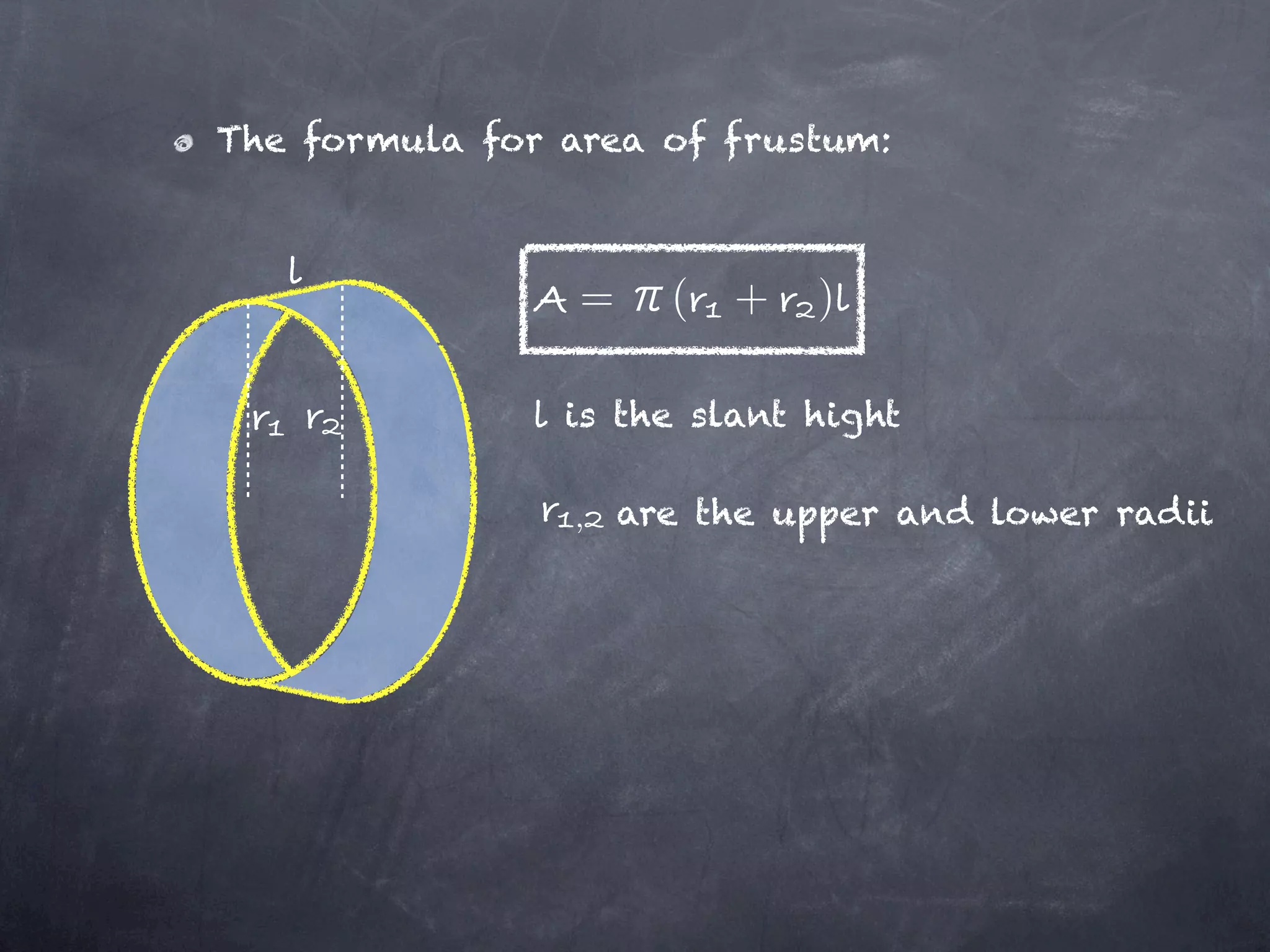 The formula for area of frustum:



                 =     (   +   )

                is the slant hight

                ,    are the upper and lower radii
 