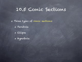 10.5 Conic Sections

Three types of conic sections:

  Parabola

  Ellipse

  Hyperbola
 