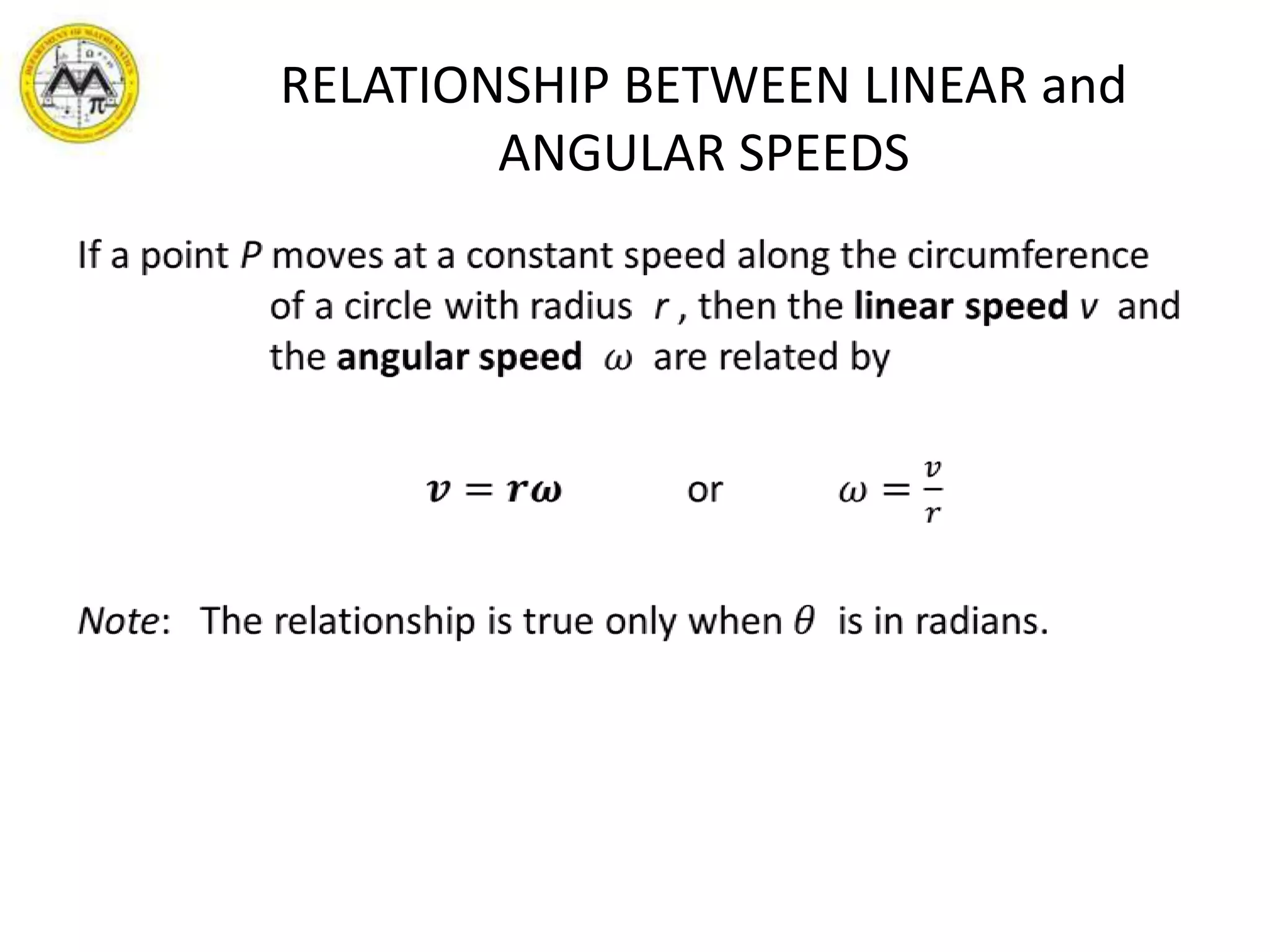 RELATIONSHIP BETWEEN LINEAR and ANGULAR SPEEDSIf a point P moves at a constant speed along the circumference of a circle with radius  r , then the linear speed v  and the angular speed𝜔are related by𝒗=𝒓𝝎or            𝜔=𝑣𝑟Note:   The relationship is true only when 𝜃is in radians. 