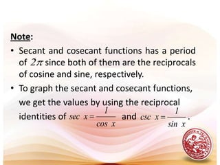 GRAPH  OF  SECANT  AND COSECANT FUNCTIONS:   The graph of secant and cosecant functions are discontinuous and has asymptotes since secant and cosecant functions are not defined when the values of cosine and sine are equal to zero, respectively.The amplitude is not defined because the graph increases or decreases without bound as x approaches the asymptotes. 