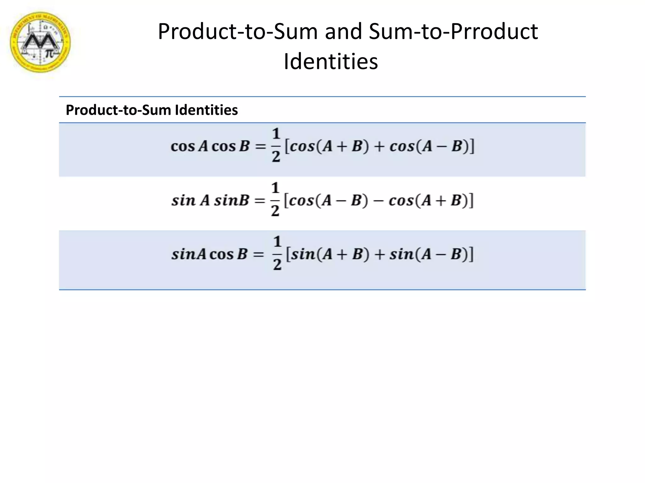       Product-to-Sum and Sum-to-Prroduct  Identities