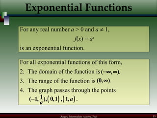 Exponential Functions For any real number  a  > 0 and  a     1, f ( x ) =  a x is an exponential function.  For all exponential functions of this form, The domain of the function is  The range of the function is  The graph passes through the points  