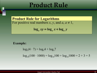 Product Rule For positive real numbers  x ,  y , and  a ,  a     1, Product Rule for Logarithms Example: log 5 (4  · 7) = log 5 4 + log 5 7 log 10 (100 · 1000) = log 10 100 + log 10 1000 = 2 + 3 = 5  