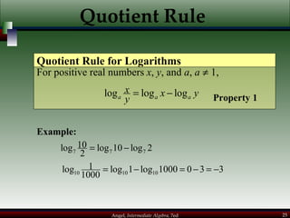 Quotient Rule For positive real numbers  x ,  y , and  a ,  a     1, Quotient Rule for Logarithms Example: Property 1 