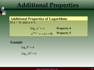 Additional Properties If  a >  0, and  a     1,  Additional Properties of Logarithms Example : Property 5 Property 4 