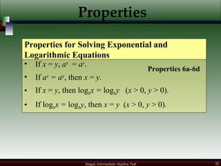 Properties If  x  =  y ,  a x   =  a y . If  a x  = a y , then  x  =  y . If  x  =  y , then log b x =  log b y  ( x  > 0,  y  > 0). If log b x =  log b y , then  x  =  y   ( x  > 0,  y  > 0). Properties for Solving Exponential and Logarithmic Equations Properties 6a-6d 