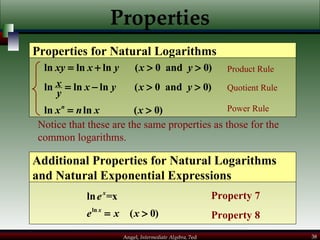 Properties Notice that these are the same properties as those for the common logarithms. Properties for Natural Logarithms Product Rule Power Rule Quotient Rule Additional Properties for Natural Logarithms and Natural Exponential Expressions Property 7 Property 8 