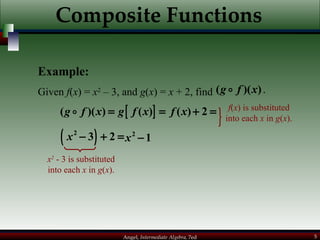 Composite Functions Example: Given  f ( x ) =  x 2  – 3, and  g ( x ) =  x  + 2, find   x 2  - 3 is substituted into each  x  in  g ( x ). f ( x ) is substituted into each  x  in  g ( x ). 