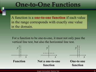 One-to-One Functions For a function to be one-to-one, it must not only pass the vertical line test, but also the horizontal line test. A function is a  one-to-one function  if each value in the range corresponds with exactly one value in the domain. x y Function x y Not a one-to-one function x y One-to one function 