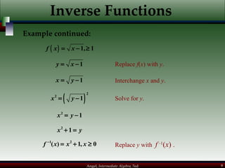 Inverse Functions Replace  f ( x ) with  y . Interchange  x  and  y . Solve for  y . Replace  y  with   f  –1 ( x )  . Example continued: 