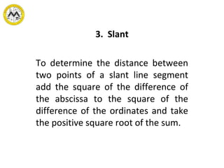3.  Slant To determine the distance between two points of a slant line segment add the square of the difference of the abscissa to the square of the difference of the ordinates and take the positive square root of the sum. 