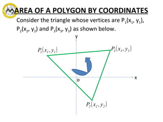 AREA OF A POLYGON BY COORDINATES Consider the triangle whose vertices are P 1 (x 1 , y 1 ), P 2 (x 2 , y 2 ) and P 3 (x 3 , y 3 ) as shown below. o y x 
