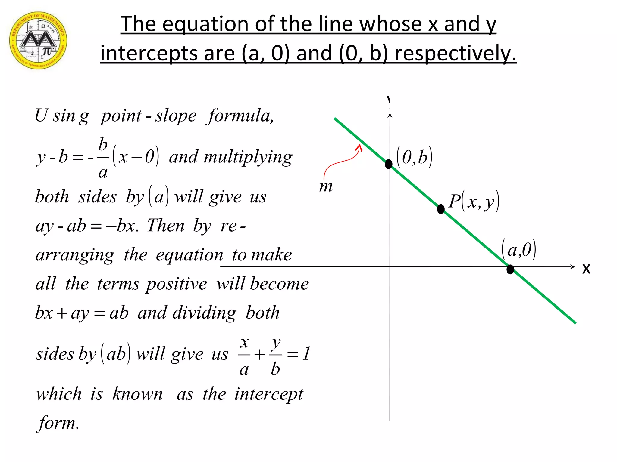 The equation of the line whose x and y intercepts are (a, 0) and (0, b) respectively. y x 