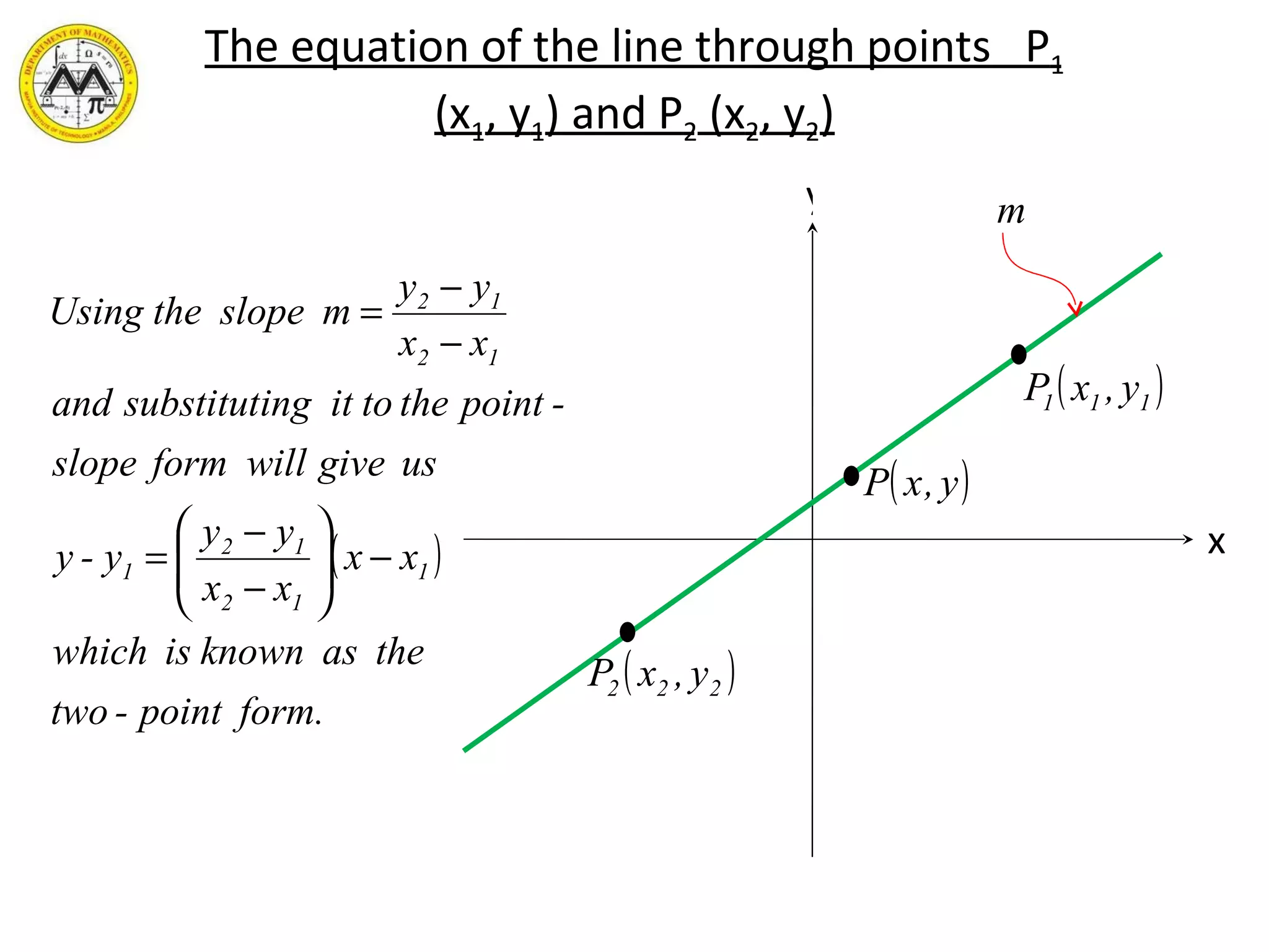 The equation of the line through points  P 1  (x 1 , y 1 ) and P 2  (x 2 , y 2 ) y x 