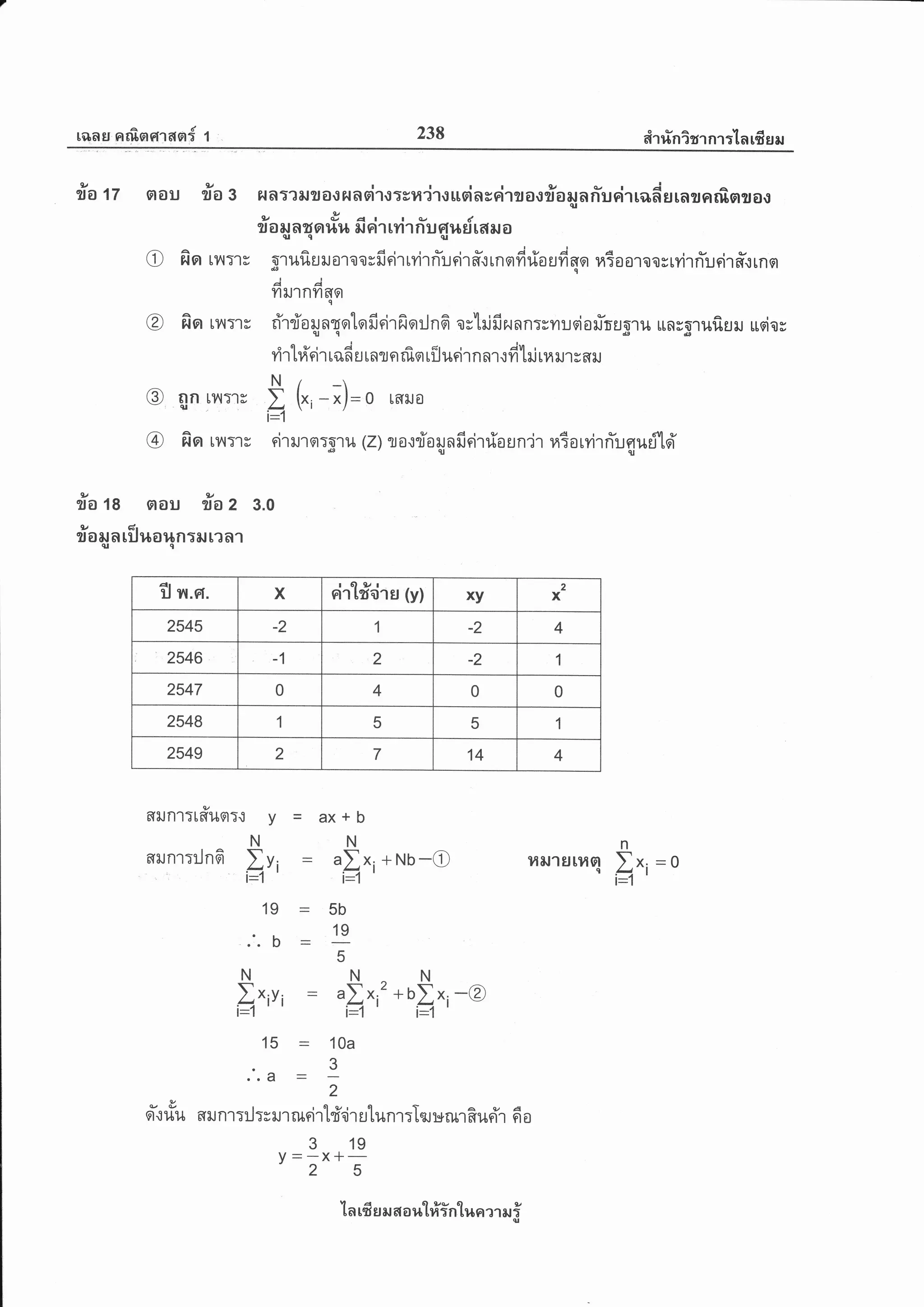 raall nrf,gtgrasrf 1 238 et'r ri'n irr nr :'[ a rfi s sr
lY t/
ila tt oou rTa g fla:rru?roiretnsi'lo:rra'irousiasrirsoofroslariucirrodE rnsnlfiorsaoU
9/ & ar ! s d
?l o il atro}[l.[ 3.t Ft1 [?11 n u G{$El t6tet o
O figr til:rs orufiuruaroovfinirtvirn-ueir#.rrnqfifoudqo ntoo'roorrvirriurir#{rnsrI
il
ilil1nflfl9r
@ fio tn:'tg ri'rriapnrotqfi€irfioilnG os'lrifirunn:rvrusion-r'us'nr unrolufiuil usios
. ,.1
t,
a c, iu ,
4
yt't lil n1 tiln il tnlj n ilq tu iln1 n n1 { 71 [u [14 tJ't r fl tJ
N/-
@ en !r{r1t I F' - *)= o rntJo
i=1
@ fio rn:r; eirilre:oru 1z; ro.:riorunfiritioun'jr niorvi'rriugurl'loi'
9'/ 9r'/
?lo 18 aou %a 2 3.0
ilarJn rfjualrnral r?n1qq
Tl T{.F1. X cir'l#Eirs (y) xy
2
x
2545 -2 1 -2 4
2546 -1 ,2 -2 1
2547 0 4 0 0
2s48 1 5 5 1
2549 2 7 14 4
ailnr:tffuq:.: y = ax+b
NNn
arunr::Jn6 It, = "I"i +Nb-O ilil.lrrp4st I*, =0
i=1 ' F1 i4'
19 = 5b
.:.b = 19 : .
5
.I",u, = "I*,' * o$*, -@i-,1 ' '
l-l l:l I:l
15 = 10a
3
,.4 =
2
o1 riu sru nr::J :y rur rudrtdd'r utunr :IsJ :*rur fi usir 6 o
319y--x+-
25
ln rfr s ilr 6r a r,t:[#intun ?rar i
 