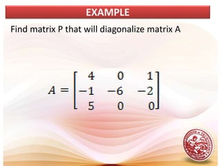 Find matrix P that will diagonalize matrix A
EXAMPLE
 