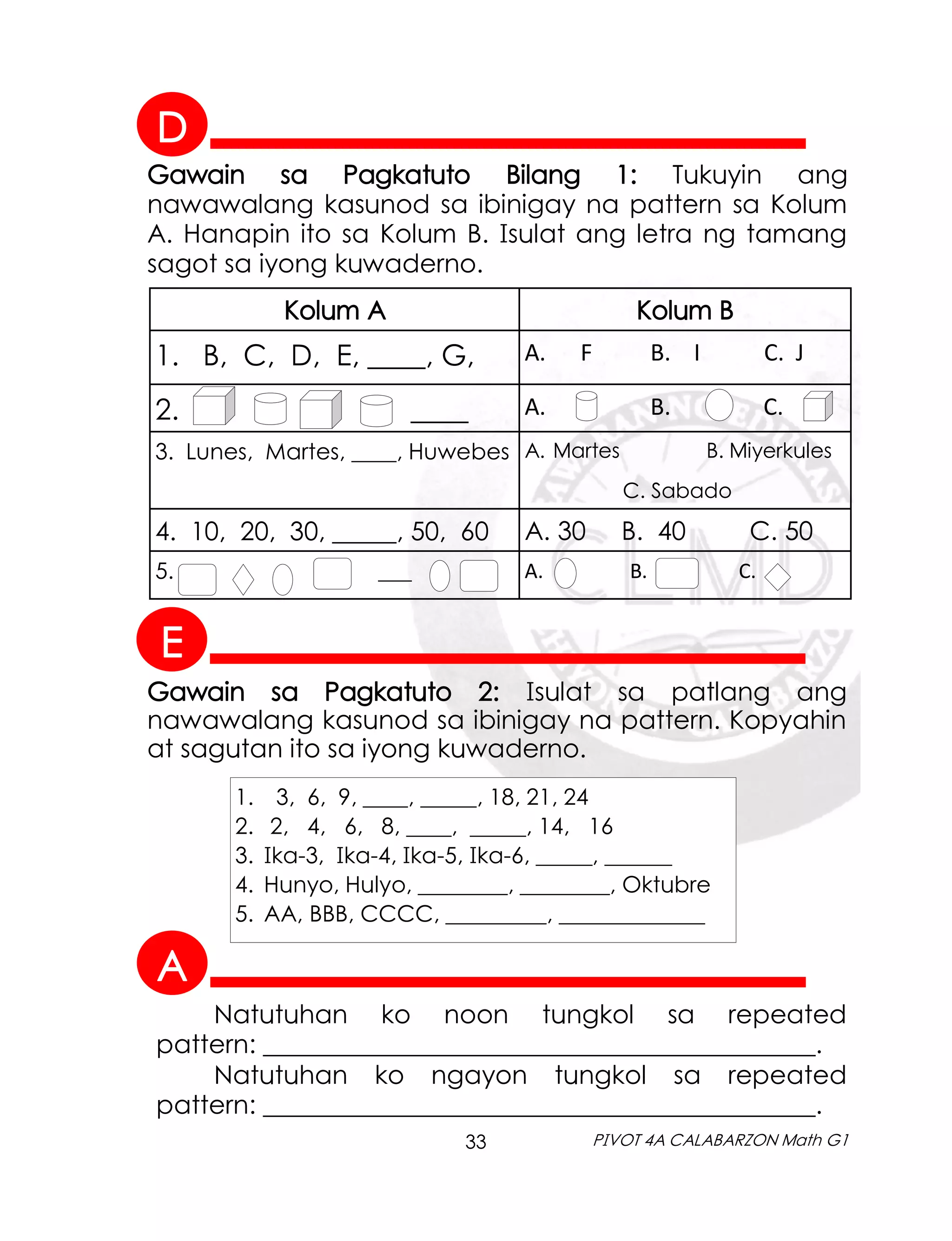 33 PIVOT 4A CALABARZON Math G1
Gawain sa Pagkatuto Bilang 1: Tukuyin ang
nawawalang kasunod sa ibinigay na pattern sa Kolum
A. Hanapin ito sa Kolum B. Isulat ang letra ng tamang
sagot sa iyong kuwaderno.
Kolum A Kolum B
1. B, C, D, E, ____, G, A. F B. I C. J
2. ____ A. B. C.
3. Lunes, Martes, ____, Huwebes A. Martes B. Miyerkules
C. Sabado
4. 10, 20, 30, _____, 50, 60 A. 30 B. 40 C. 50
5. ___ A. B. C.
Gawain sa Pagkatuto 2: Isulat sa patlang ang
nawawalang kasunod sa ibinigay na pattern. Kopyahin
at sagutan ito sa iyong kuwaderno.
1. 3, 6, 9, ____, _____, 18, 21, 24
2. 2, 4, 6, 8, ____, _____, 14, 16
3. Ika-3, Ika-4, Ika-5, Ika-6, _____, ______
4. Hunyo, Hulyo, ________, ________, Oktubre
5. AA, BBB, CCCC, _________, _____________
A
D
E
Natutuhan ko noon tungkol sa repeated
pattern: ___________________________________________.
Natutuhan ko ngayon tungkol sa repeated
pattern: ___________________________________________.
 