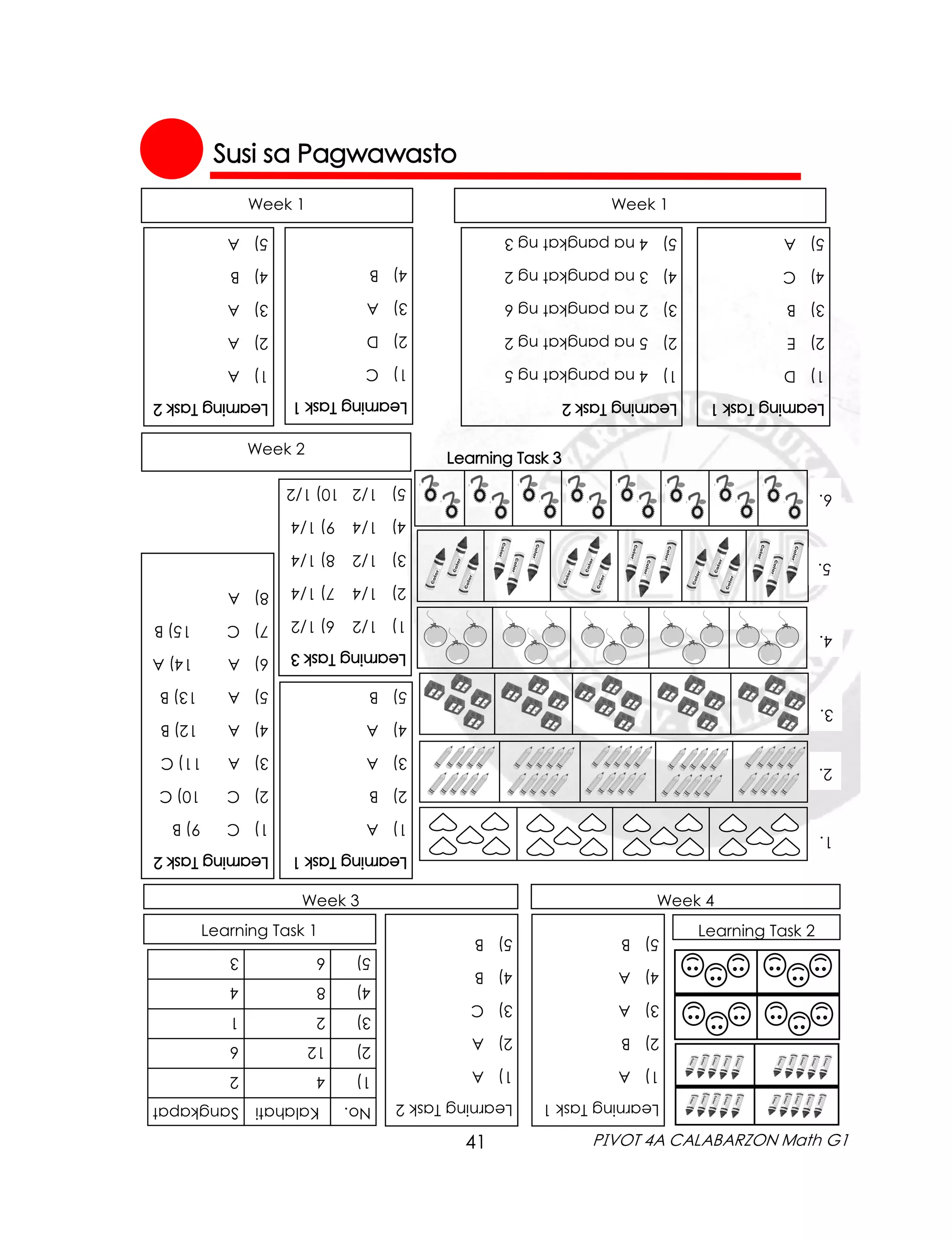 41 PIVOT 4A CALABARZON Math G1
Week 1
Susi sa Pagwawasto
Learning
Task
1
1)
C
2)
D
3)
A
4)
B
Learning
Task
2
1)
A
2)
A
3)
A
4)
B
5)
A
Week 1
Learning
Task
1
1)
D
2)
E
3)
B
4)
C
5)
A
Learning
Task
2
1)
4
na
pangkat
ng
5
2)
5
na
pangkat
ng
2
3)
2
na
pangkat
ng
6
4)
3
na
pangkat
ng
2
5)
4
na
pangkat
ng
3
Learning Task 3
6.
1.
2.
5.
4.
3.
Week 2
Learning
Task
1
1)
A
2)
B
3)
A
4)
A
5)
B
Learning
Task
2
1)
C
9)
B
2)
C
10)
C
3)
A
11)
C
4)
A
12)
B
5)
A
13)
B
6)
A
14)
A
7)
C
15)
B
8)
A
Learning
Task
3
1)
1/2
6)
1/2
2)
1/4
7)
1/4
3)
1/2
8)
1/4
4)
1/4
9)
1/4
5)
1/2
10)
1/2
Week 3
No.
Kalahati
Sangkapat
1)
4
2
2)
12
6
3)
2
1
4)
8
4
5)
6
3
Learning Task 1
Learning
Task
2
1)
A
2)
A
3)
C
4)
B
5)
B
Week 4
Learning
Task
1
1)
A
2)
B
3)
A
4)
A
5)
B Learning Task 2
 
