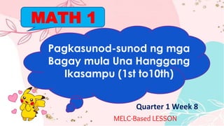 MATH 1
Quarter 1 Week 8
MELC-Based LESSON
Pagkasunod-sunod ng mga
Bagay mula Una Hanggang
Ikasampu (1st to10th)
 