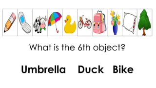 What is the 6th object?
Umbrella Duck Bike
 