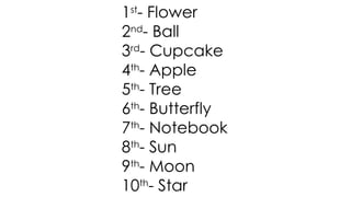 1st
- Flower
2nd
- Ball
3rd
- Cupcake
4th
- Apple
5th
- Tree
6th
- Butterfly
7th
- Notebook
8th
- Sun
9th
- Moon
10th
- Star
 