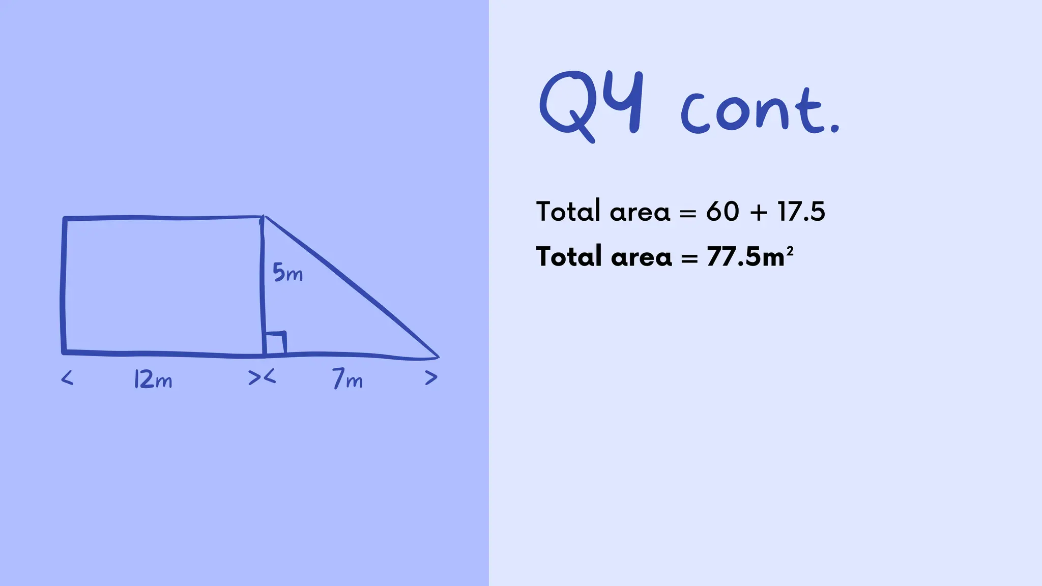 Q4 cont.
Total area = 60 + 17.5
Total area = 77.5m²
5m
12m
< >
>< 7m
 